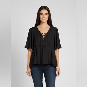 Harvé Benard Semi-Sheer Blouse Black XL Lace-Up Flutter Sleeves Empire Waist